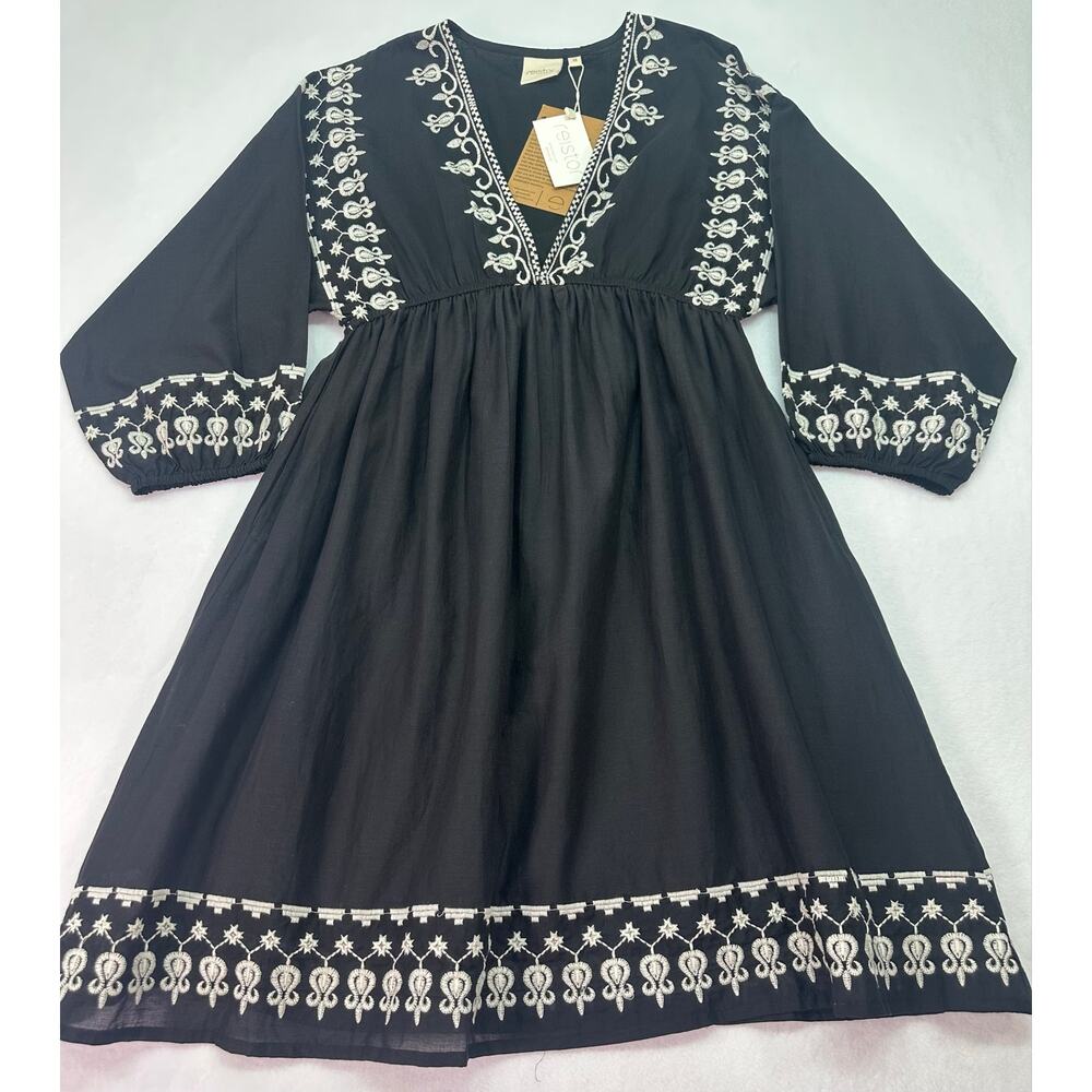 NWT Reistor Deep V Embroidered Dress Black Cream Boho Cotton Mini Dress Medium - Picture 6 of 11